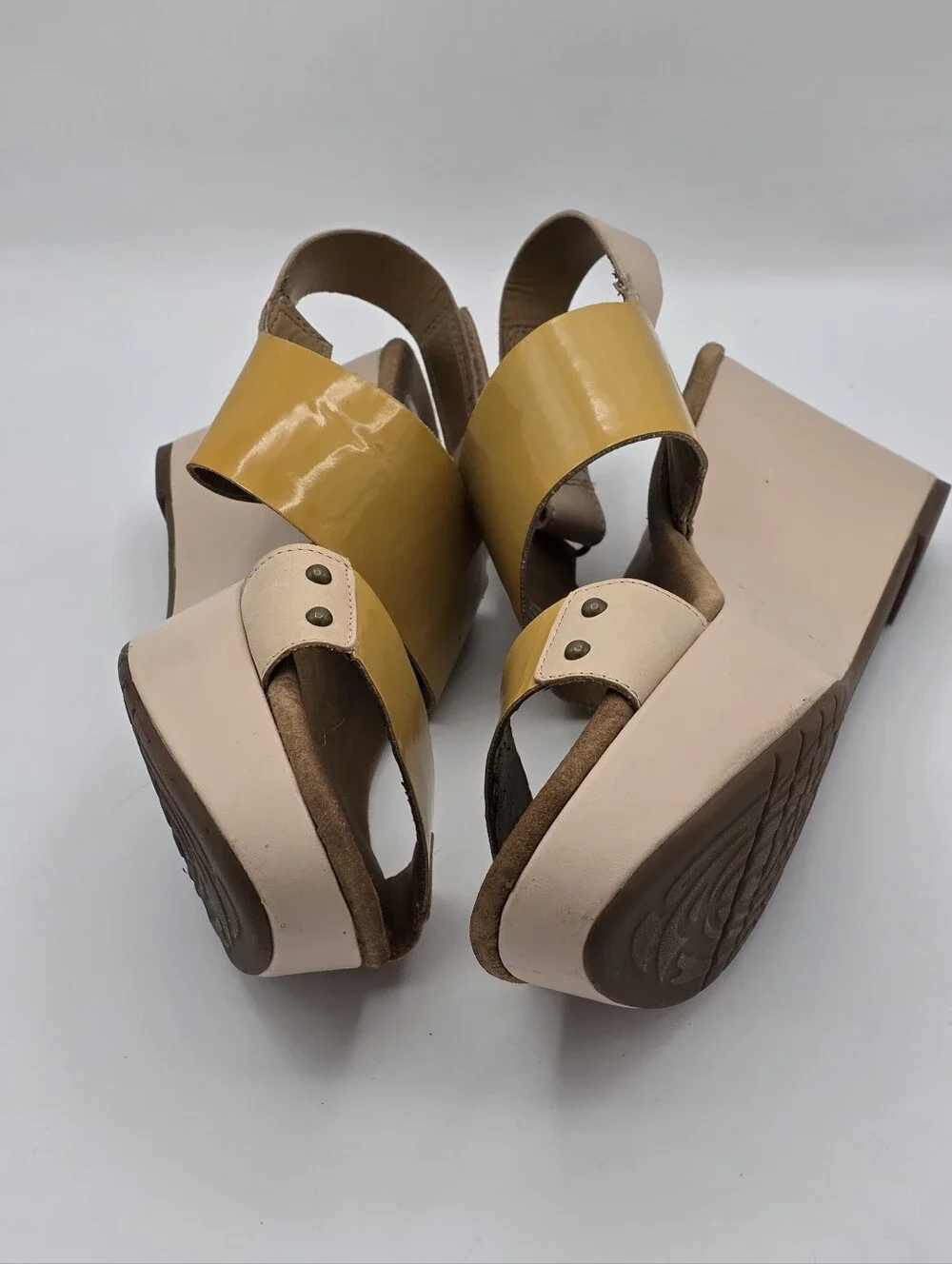Clarks Yellow Patent Platform Sandals with Cream Trim